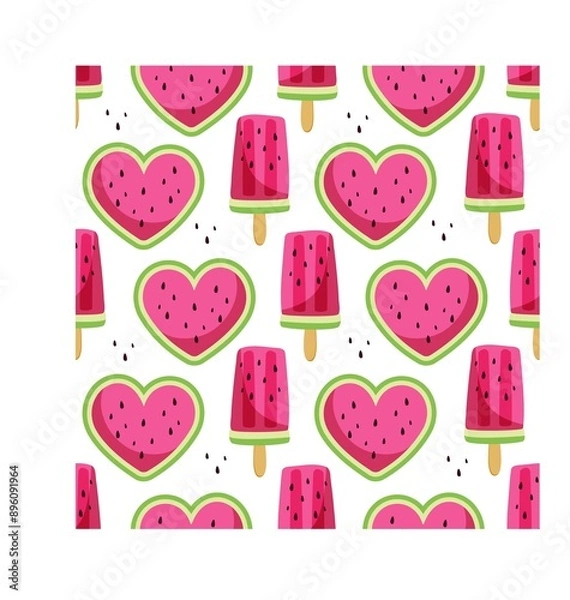 Fototapeta Watermelon seamless pattern. watermelon ice cream Fruit juicy slice pieces Summer bright vector design
