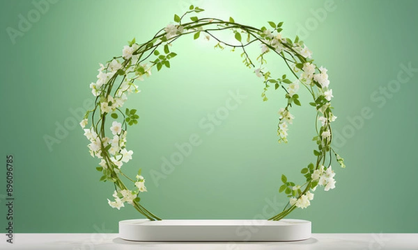Fototapeta Minimalist Light Green Background with Podium of Intertwining Vines and Flowers
