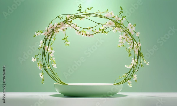 Fototapeta Beauty Product Display: Podium of Vines and Flowers Against Light Green Backdrop





