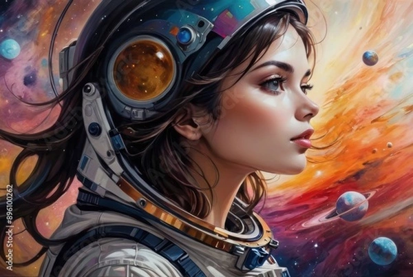 Fototapeta Portrait of a Female Astronaut in Colorful Cosmic Space Art