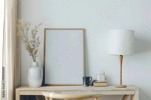 Fototapeta An empty white frame stands on the table along with a vase and a lamp