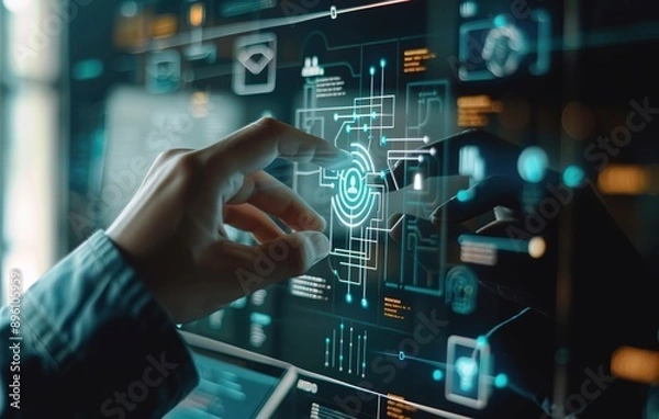 Fototapeta Businessman Interacting with Futuristic AI Interface Using Smartphone for Research and Data Analysis in Business and Technology Context 