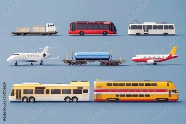 Fototapeta A collection of cars, trucks, buses, and other vehicles on the road or in a parking lot