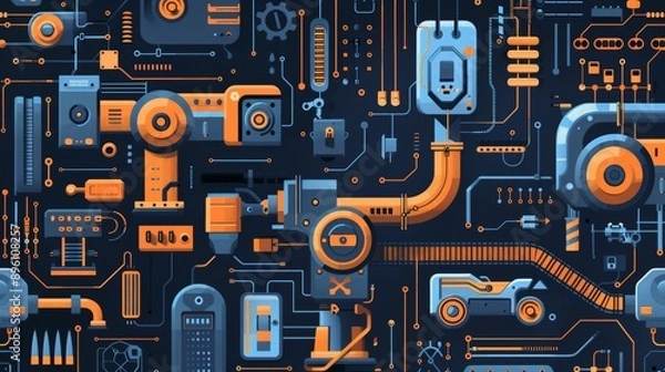 Obraz Abstract seamless pattern of intricate machinery, gears, and circuits in blue, orange, and black.  Perfect for technology, industrial, or futuristic design.