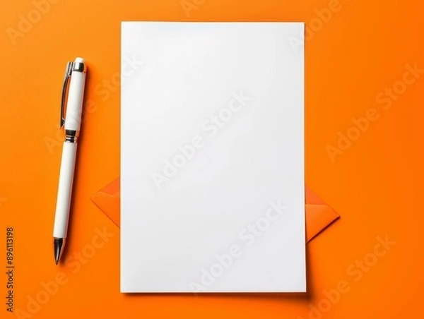 Fototapeta Top view of blank paper, envelope, and pen on orange background with space for text