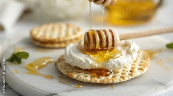 Fototapeta A closeup of a cracker with cream cheese being drizzled with honey