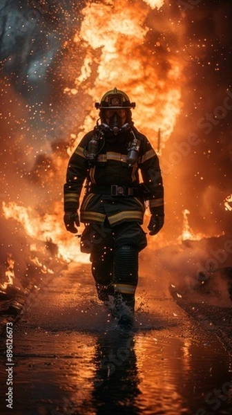Fototapeta Firefighters are walking through a fire with a huge fire in the background
