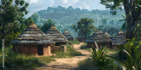 Obraz hut in the forest, Traditional African Village Nestled Among Hills, GENERATIVE AI
