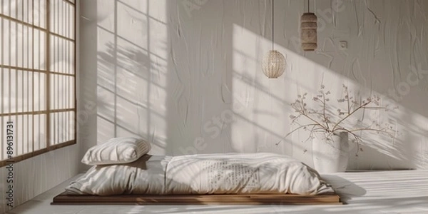 Fototapeta Serene Japanese-Inspired Bedroom: Minimalist White Interior with Tatami Bed and Zen Aesthetics. Modern Simplicity in 4K Wallpaper Showcasing Clean Lines, Natural Textures, and Tranquil Atmosphere for 
