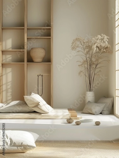 Fototapeta Serene Japanese-Inspired Bedroom: Minimalist White Interior with Tatami Bed and Zen Aesthetics. Modern Simplicity in 4K Wallpaper Showcasing Clean Lines, Natural Textures, and Tranquil Atmosphere for 