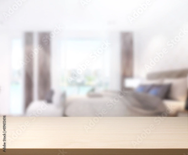 Fototapeta Table Top And Blur Background In Bedroom
