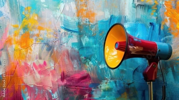 Fototapeta A vibrant megaphone against a colorful abstract background, symbolizing communication and creativity in an artistic setting.