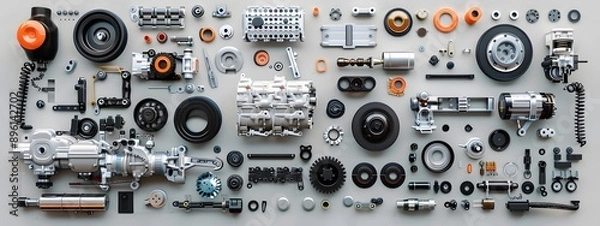 Fototapeta Automotive Essentials. Collection of various car parts in a realistic setting concept