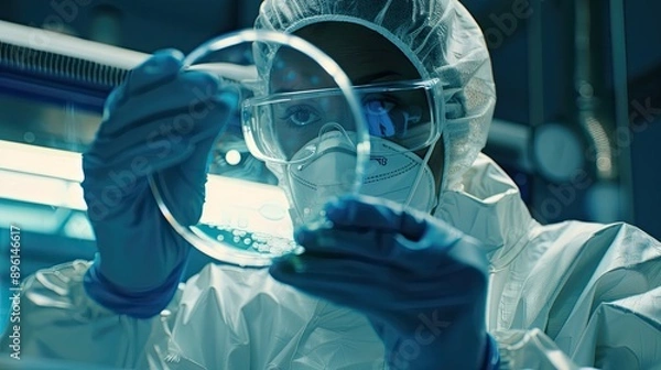 Fototapeta Scientist wearing protective gear and handling a petri dish