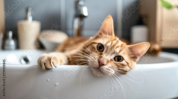 Fototapeta Close-up of an orange tabby cat lounging in a white bathroom sink with a blurred bathroom background.