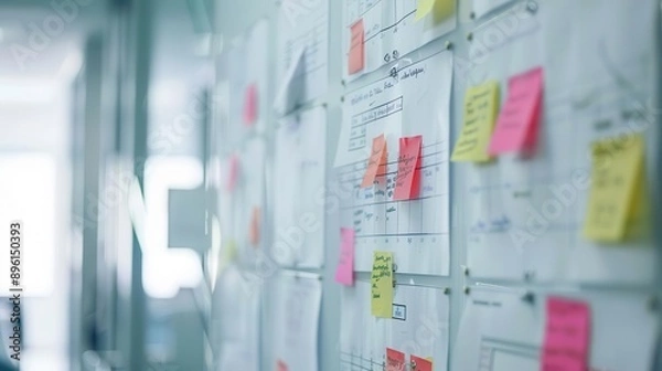 Fototapeta A white board with papers and sticky notes, representing a workspace for brainstorming and planning.