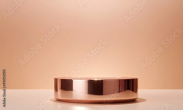 Fototapeta Sleek Rose Gold Podium with Reflective Surface Against Soft Beige Backdrop
