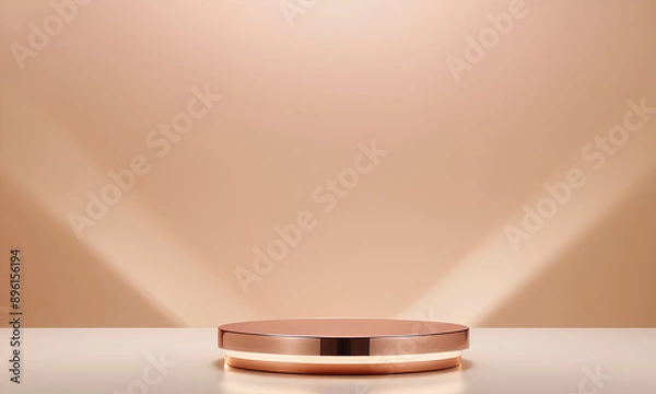 Fototapeta Empty Rose Gold Podium Centered in Front of Minimalist Beige Background with Golden Rays
