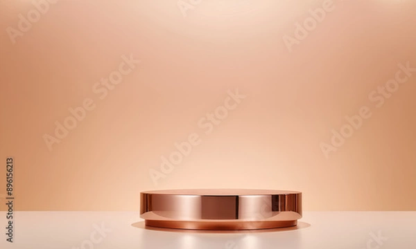 Fototapeta Smooth Reflective Rose Gold Podium with Subtle Golden Light on Soft Beige Backdrop
