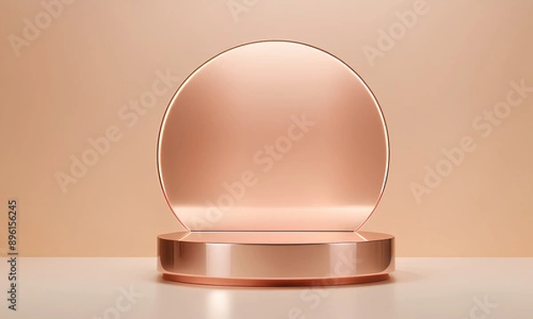Fototapeta Elegant Rose Gold Podium on Soft Beige Background with Golden Light Rays
