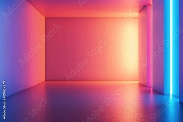 Fototapeta A dimly lit empty room with a warm glow from neon lights