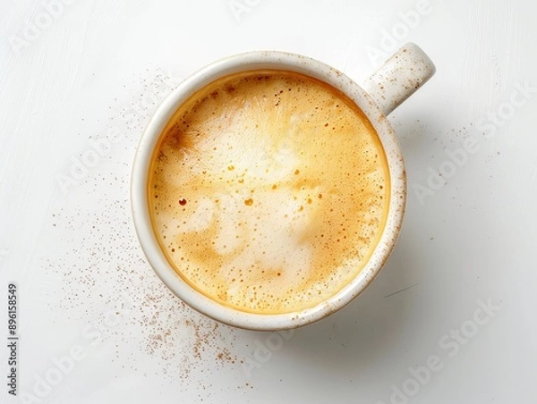 Fototapeta A cappuccino with latte art in a white cup on a white background