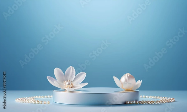 Fototapeta Smooth White Pearl Iridescence Minimalist Pale Blue Backdrop Floating Petals