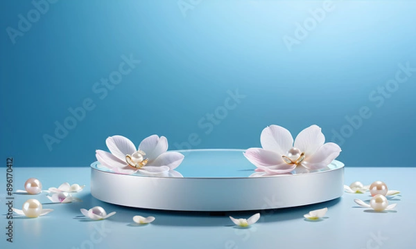 Fototapeta Podium Minimalist Pale Blue Backdrop with Delicate Petals