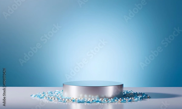 Fototapeta White Pearl Podium with Iridescent Finish Pale Blue Background and Floating Petals

