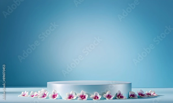 Fototapeta Smooth White Pearl Podium with Iridescence Against Pale Blue and Floating Petals
