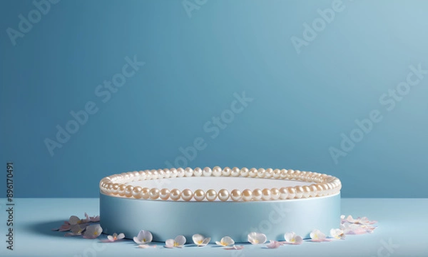 Fototapeta Empty Podium Smooth White Pearl Iridescence Minimalist Pale Blue Backdrop Floating Petals
