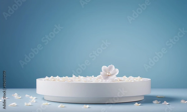 Fototapeta White Pearl Podium Iridescent with Pale Blue Background and Floating Petals

