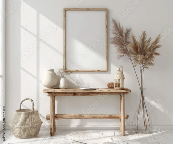 Obraz Mock up frame in home interior Rustic style background, white room with natural wooden table and decor, 3d render 