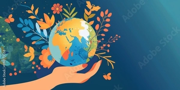 Fototapeta Hand holding a globe with colorful floral elements surrounding it symbolizing harmony between nature and humanity on a teal background