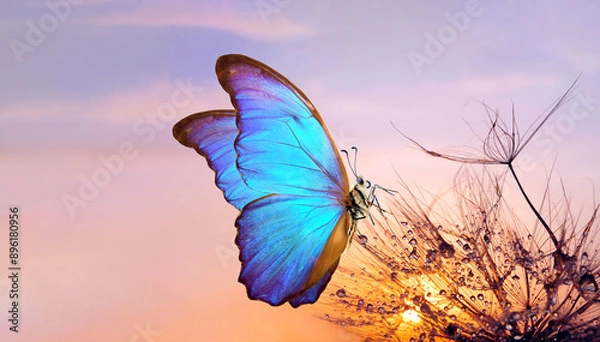 Fototapeta Natural pastel background. Morpho butterfly and dandelion. Seeds of a dandelion flower in drops of water on a background of sunset. Copy spaces. 