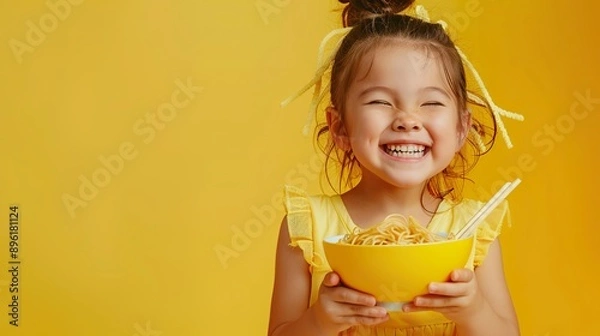 Obraz A happy young girl in a yellow dress is holding a bowl of noodles with chopsticks, smiling widely as she takes a big bite. 