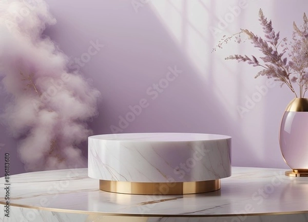 Fototapeta Empty Polished Marble Podium Gold Veins Minimalist Light Lavender Backdrop Dreamy Mist
