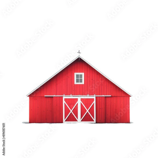 Fototapeta Classic red barn with white trim and double doors, isolated on white background. Perfect for agricultural and rural-themed projects.