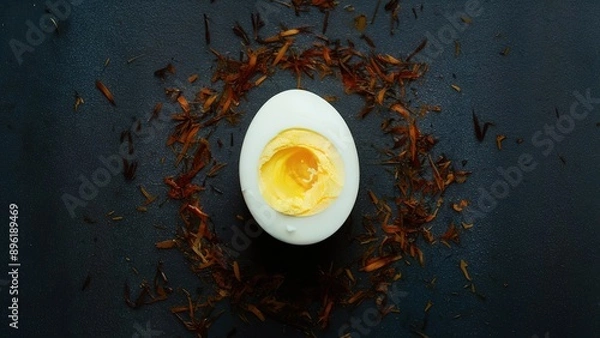 Fototapeta A single egg is sitting on a black surface with a pile of brown leaves around it