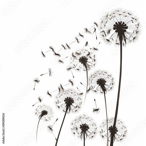 Obraz An outline of a black silhouette with flying dandelion buds on a white background