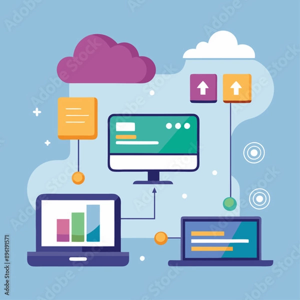 Obraz Visualization of data transfer between devices, cloud icons, and loading bars.1