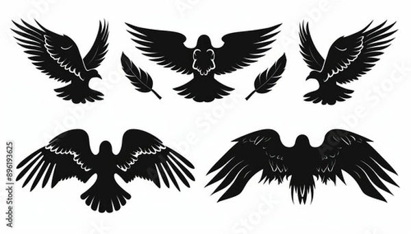 Fototapeta The flight of a bird or angel wing flat black icon set. Aviation pilot badge. Vintage army badge emblem falcon phoenix hawk. Flying winged frame. Biker logo stencil stamp.