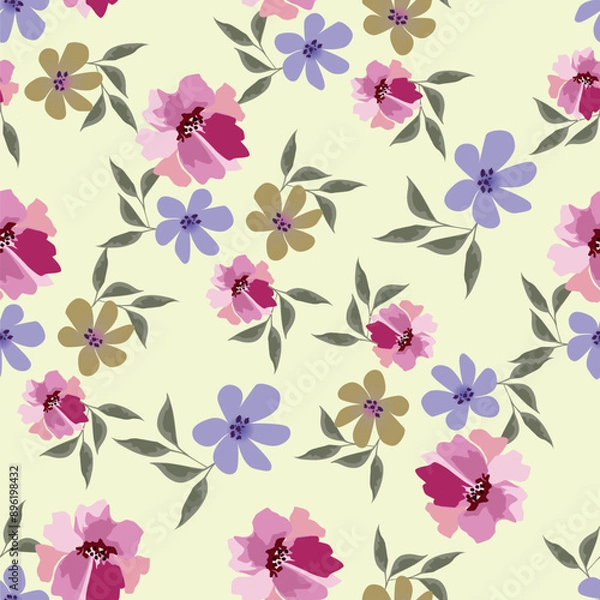 Fototapeta Seamless winter floral pattern with branches and berries. Pastel palette white background.
