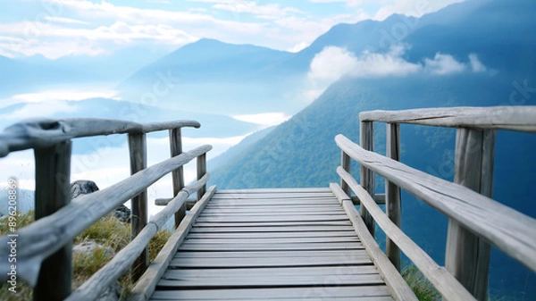 Fototapeta A wooden pathway leading through the mountains with a breathtaking view.