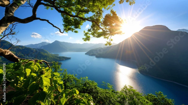 Fototapeta A breathtaking view of a serene lake surrounded by mountains, illuminated by the rising sun.