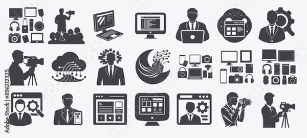 Fototapeta Set related to technology media communication including vlogging web development user experience, internet microphone smartphone headphones