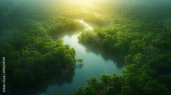 Fototapeta A hyper-realistic photograph of An aerial view of a lush, green forest with a meandering river cutting through it, showcasing the rich textures and patterns of the natural landscape, 8K resolution, 