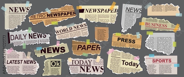 Obraz Scraps of old newspaper headlines taped to the board with tape and paper clips. Newsprint with torn edges. Isolated background. Scrapbook. Vector illustration. Front view. Close up. Big banner. Set