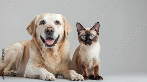 Obraz A charming image of a friendly golden retriever dog and a Siamese cat sitting together, representing friendship and companionship.