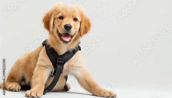 Fototapeta Filhote de Golden Retriever Feliz com Colete Guia em Fundo Branco com Luz Natural, IA Generativa